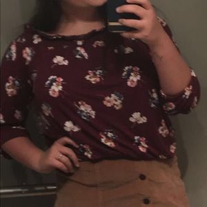 Burgundy floral off shoulder shirt